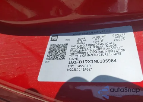 2022 Chevrolet Camaro Rwd 1Lt z USA, uszkodzony, nr VIN 1G1FB1RX1N0105964